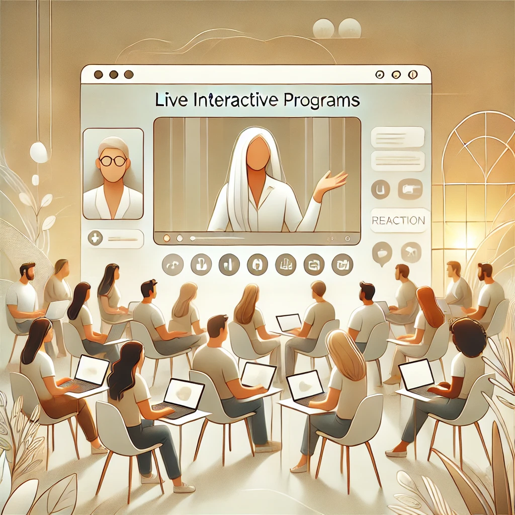 DALL·E 2026-04-11 22.24.54 - A clean, modern, elegant website section illustration representing “Live Interactive Programs”. Scene shows a warm online coaching environment_ a dive